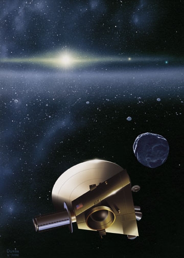 Vue d&#039;artiste de la mission américaine New Horizons à destination de Pluton. Crédits : NASA