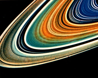 vue en fausses couleurs des anneaux de Saturne par la sonde Voyager 2. Crédits : NASA